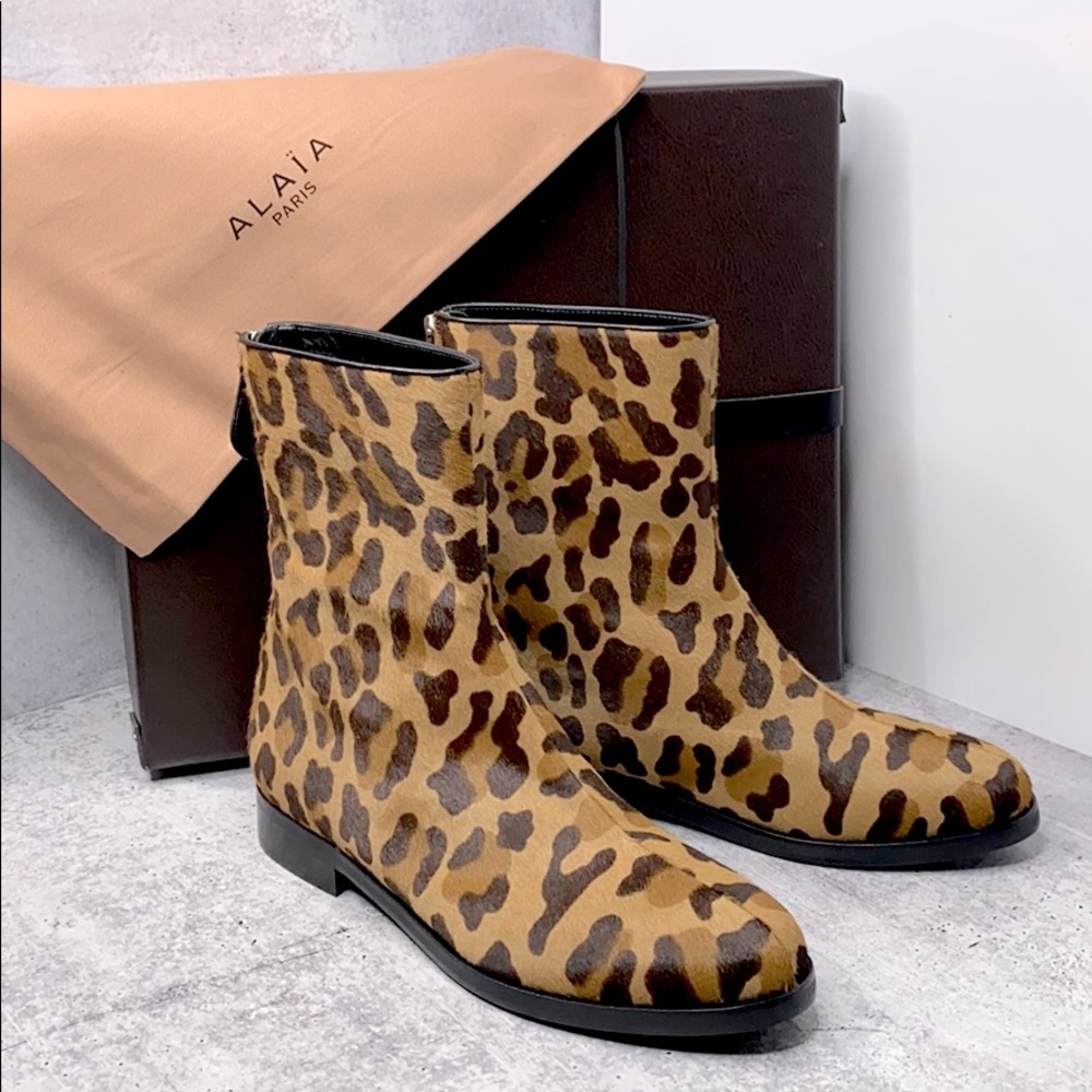 Alaia leopard print calf hair back zip ankle boots
